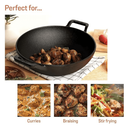 Meyer Pre Seasoned Cast Iron Kadai|Iron Kadhai with Lid for Cooking and Stir Frying | Heavy Base Iron Kadai Big Size | Gas Stove and Induction Friendly 26cm/ 3 Liters, Black - Image 2